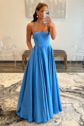 Blue A Line Prom Dress Spaghetti Straps Simple Evening Dress with Pockets